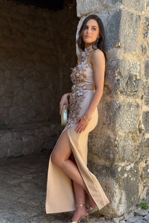 Haljina Beige Floral Slit Maxi
